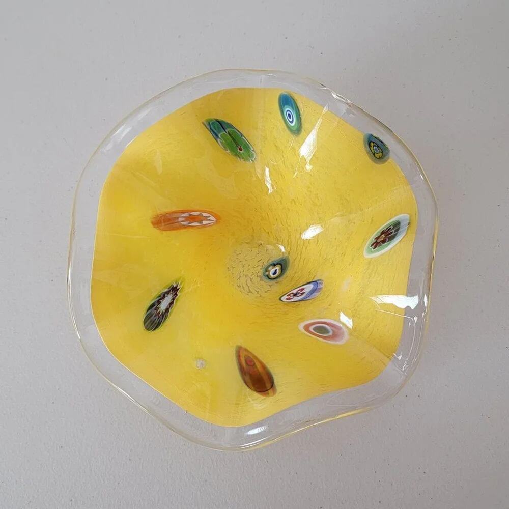 Vintage Style Yellow Art Glass Bowl Ruffled Edge Organic Centerpiece Decor - Picture 2 of 11